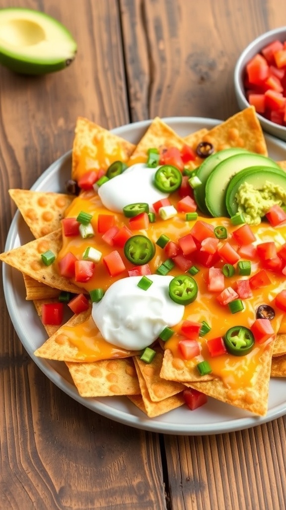 Crispy air fryer nachos with cheese, jalapeños, and tomatoes, served with sour cream and guacamole.